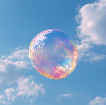 Iridescent Soap Bubble Floating in Azure Sky, Reflecting Clouds with Ethereal Surrealism - Minimalist Abstract Photography  