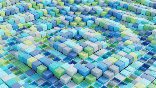 Futuristic 3D Background Animation with Synchronized Shapes in Blue, Green, and Gray Tones, Designed as Seamless Loop for Ads, Website Design, and Video Intro Templates