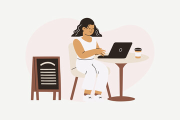 Happy Digital Nomad Working Remotely at Street Cafe Illustration