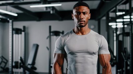 Athletic man with muscular build and fitted sportswear stands confidently in a modern gym. His focused expression and physique suggest he is a personal trainer or fitness influencer. Ideal for workout