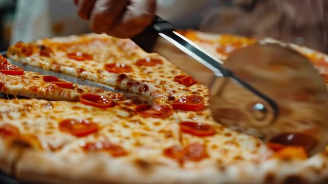 A person is cutting a pizza into slices with a pizza cutter. The pizza is topped with cheese and tomatoes