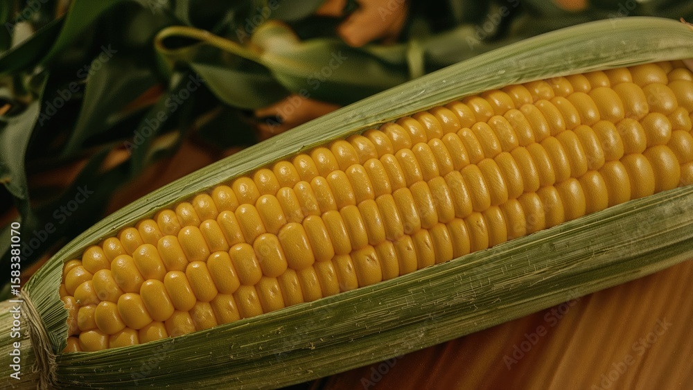 Poster macro view from above of fresh corn cobs on a textured surface