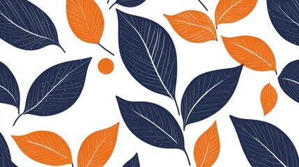 Obraz premium Seamless pattern with dark blue and orange leaves on white background.