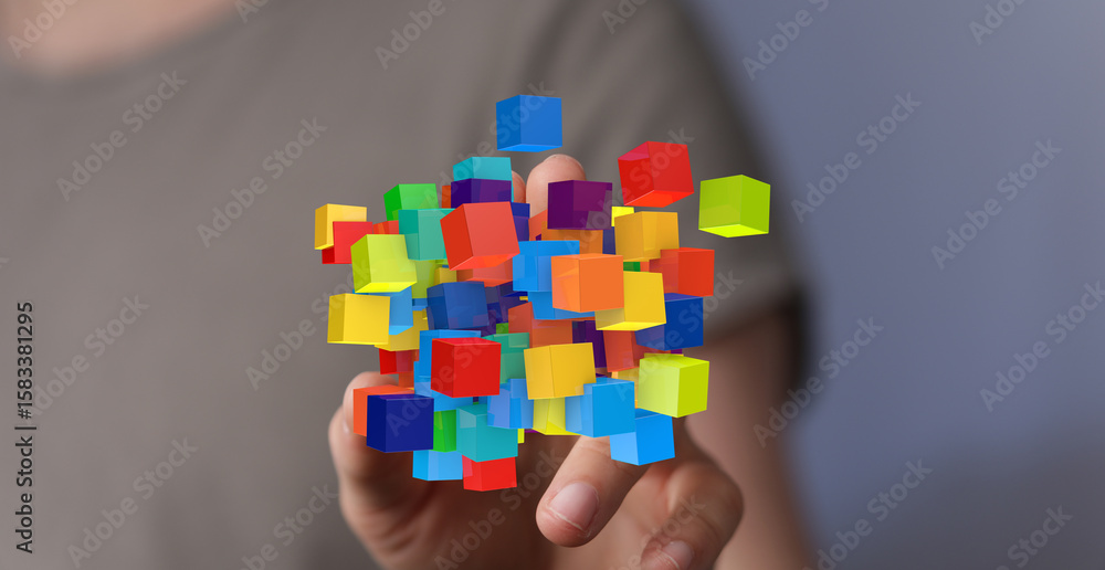 Poster abstract image of colorful cubes representing data network, connection, and technology.