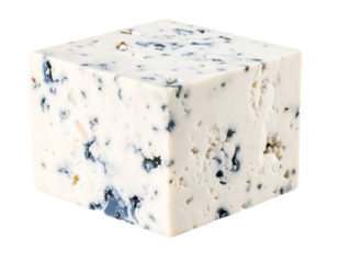 A delectable block of creamy blue cheese showcases its distinctive marbling and rich texture.