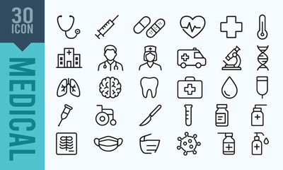 Medical Icon Set - 30 Outline Healthcare Symbols - Hospital, Doctor, Pharmacy, Equipment