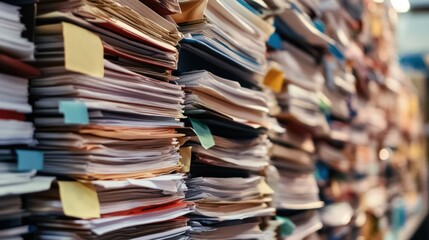 Massive stacks of papers and documents with sticky notes, showing office paperwork overload.