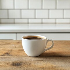 Cup of coffee on a wooden table against the background of a white kitchen