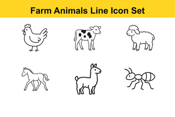Farm Animal Line Icon Set Featuring Chicken Cow Sheep Horse Llama and Ant in Black and White