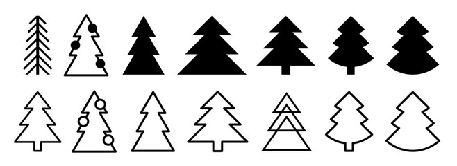 Christmas Trees Icons. Christmas Trees of Different Silhouette and Line shapes. Editable Stroke. Vector illustration.