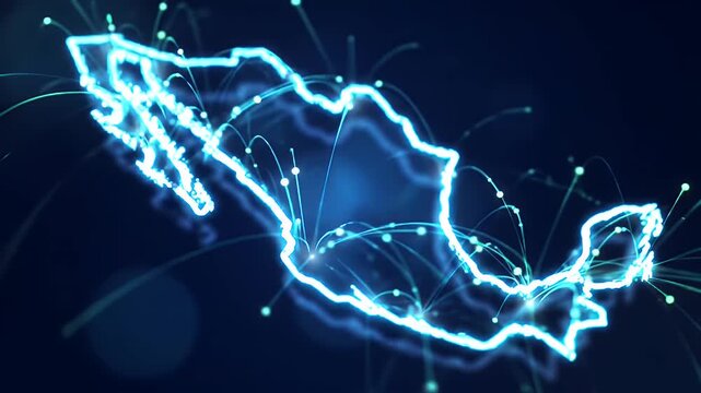Stylized Interconnected Map of Mexico with Glowing Blue Lines and Connectivity Points Against Dark Blue Background Representing Technology