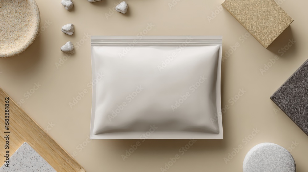 Poster minimalistic packaging pouch mockup with simple props for product display on neutral background