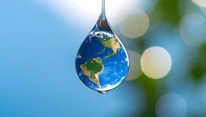 Earth reflected in water drop, nature backdrop
