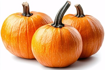 Obraz premium A trio of vibrant orange pumpkins with textured skin and sturdy stems, perfect for autumn-themed decorations or harvest season imagery.