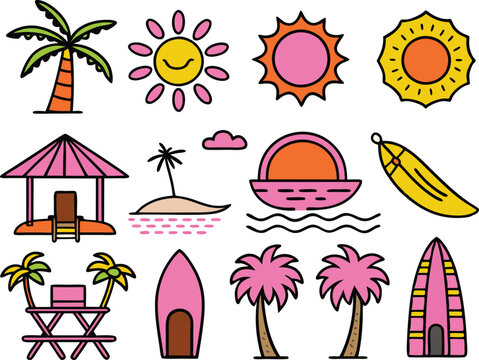 Tropical beach vacation elements in a fun cartoon silhouette style - Powered by Adobe