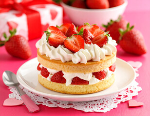 Strawberry shortcake with whipped cream layers, heart-shaped fruit toppings,