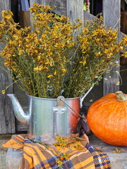 Still life with pumpkin and bouquet of dried flowers on wooden background