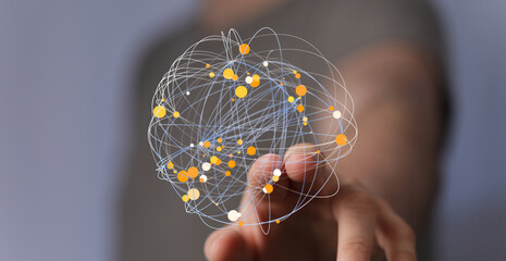 Abstract image of a hand interacting with a digital network. Represents connection, technology, and...