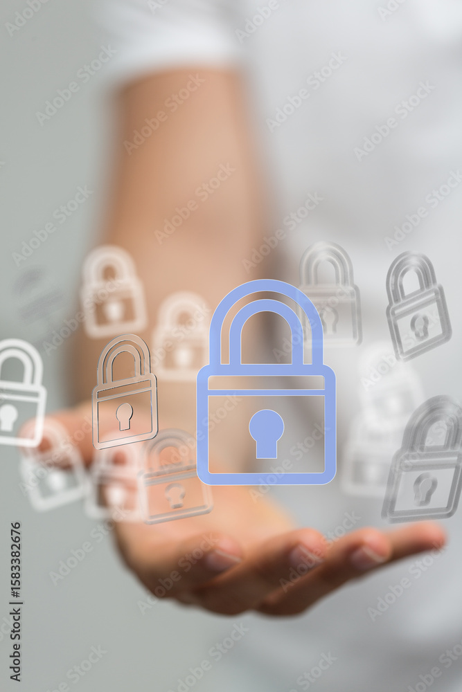 Poster image of a hand holding multiple digital lock icons, symbolizing data security and privacy.