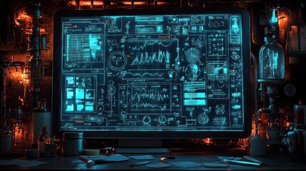 High-tech laboratory display with complex graphs