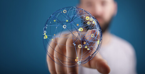 Man interacts with a digital globe, showcasing global network connections and data exchange.