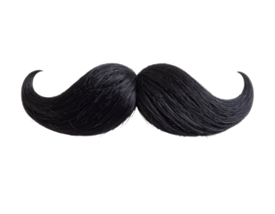 A classic black handlebar mustache with elegantly curled ends evokes a sense of timeless style