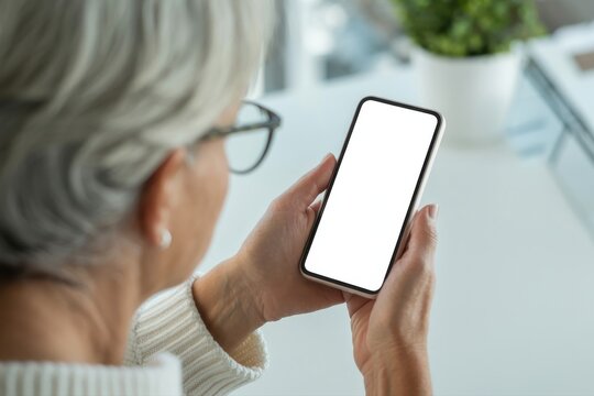 Senior woman is holding a smartphone with a blank screen indoors