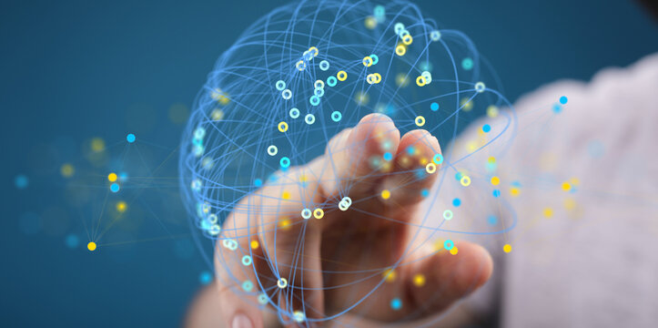 Abstract image depicting interconnected nodes, representing global networks and digital transformation.