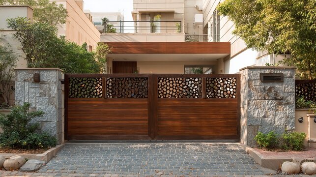 A modern home entrance featuring a decorative wooden gate and stone accents, surrounded by lush greenery. - Powered by Adobe