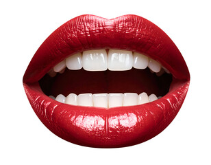 Obraz premium A striking close-up of glossy red lips open, showcasing bright, healthy teeth.