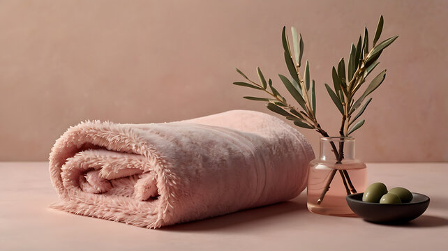 Aesthetic spa scene with a neatly rolled blush pink towel and olive twig on a pastel pink background. Soft shadow, warm natural lighting, and minimal composition. Ideal for luxury self-care branding, 