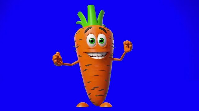 3D animated cartoon carrot with expressive eyes and green top, speaking directly into the camera on a blue chroma key background. The character uses hand gestures while talking in a friendly tone. Ide