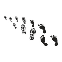 Footprints and boot prints trail black white