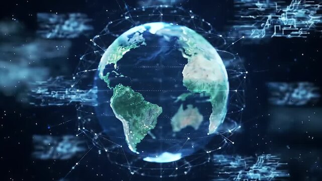 Translucent Globe Rotating with Continents Against Dark Digital Background with Overlaid Network And Data Visualization at Eye Level - Powered by Adobe