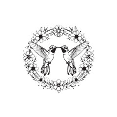 Two hummingbirds meet in a floral wreath, a detailed black and white drawing capturing the beauty of nature