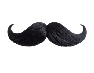 An iconic black mustache with distinctively curled tips embodies a playful and distinguished look.
