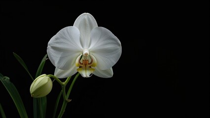 Fototapeta premium Vibrant phalaenopsis orchid blossom displayed on a black background