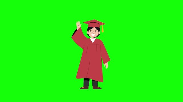 Flat animated student with pale skin dressed in a bright red graduation gown and cap, happily raising one hand. Looping on a chroma green background for use in academic celebration videos and educatio