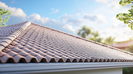 Fototapeta premium A close-up view of a house roof with curved ceramic tiles under a bright blue sky with some clouds.