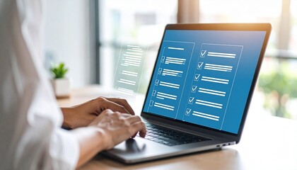 Woman completes an online survey on her laptop, showcasing digital checklist and business form