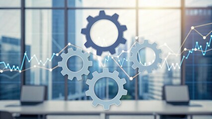 Transparent gears overlaid on a modern office background with fluctuating financial graph lines.