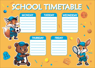 A colorful school timetable template for kids, featuring cartoon animals (fox, bear, rabbit) engaged in sports, surrounded by scattered school supplies on an orange background. Ideal for education.