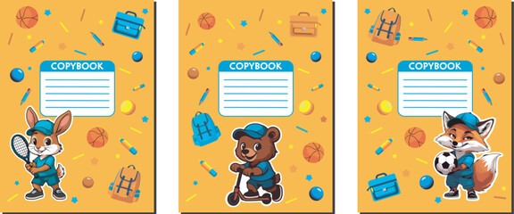 Three vibrant orange copybook covers for children, featuring cute cartoon animals playing sports (tennis, scooter, soccer) with scattered school supplies. Ideal for education and kids' themes.