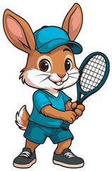 A cheerful vector sticker of a brown and white cartoon bunny in blue sportswear and a cap, holding a tennis racket. Perfect for children's sports themes, activities, or playful designs.
