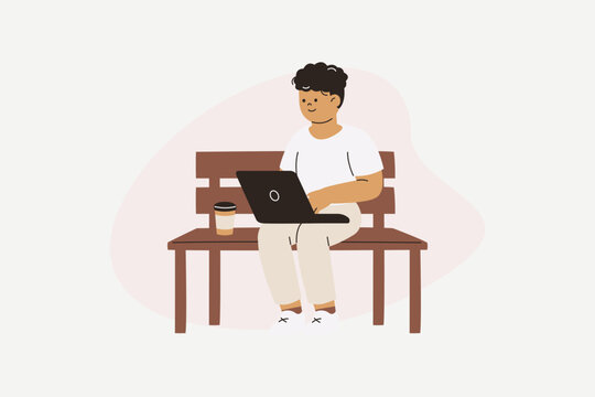 Happy Digital Nomad Working Remotely in Park Illustration