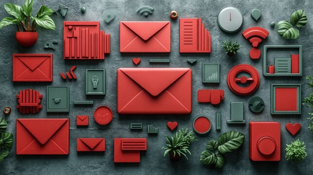 Icons & plants, red & green, on textured gray background
