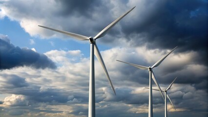 Three large wind turbines stand tall under a dramatic sky filled with dark and light clouds.