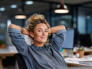 Confident businesswoman relaxing at her desk with a calm smile , exuding calm and success in a modern office .