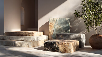 product mockup natural stones with a flat top serving as podiums in a minimalist setting, sun and shadows