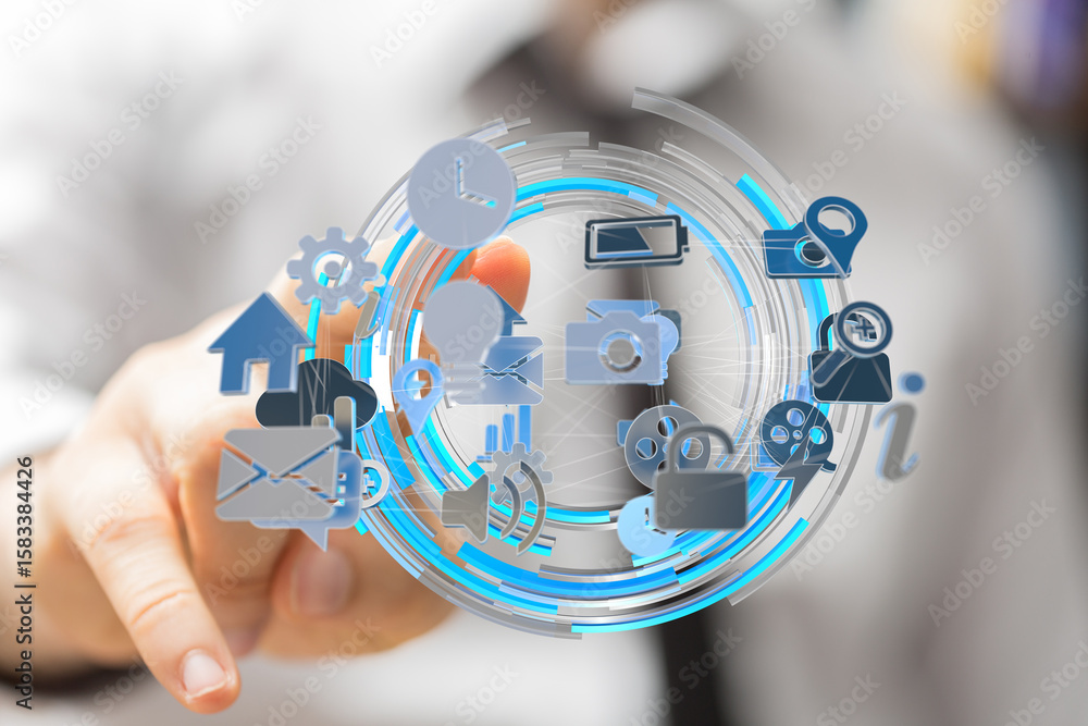 Poster person interacts with a digital interface showing various app icons, representing technology and con